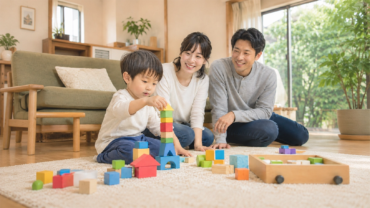 家族が室内で遊ぶ住まいの様子