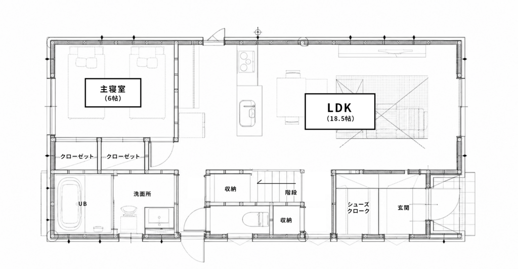 1階間取り図 LDK18.5帖・主寝室6帖